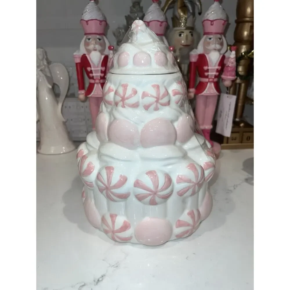 PEPPERMINT & PINE Meringue Frosting Canister Cookie Jar Pink Sugar Christmas